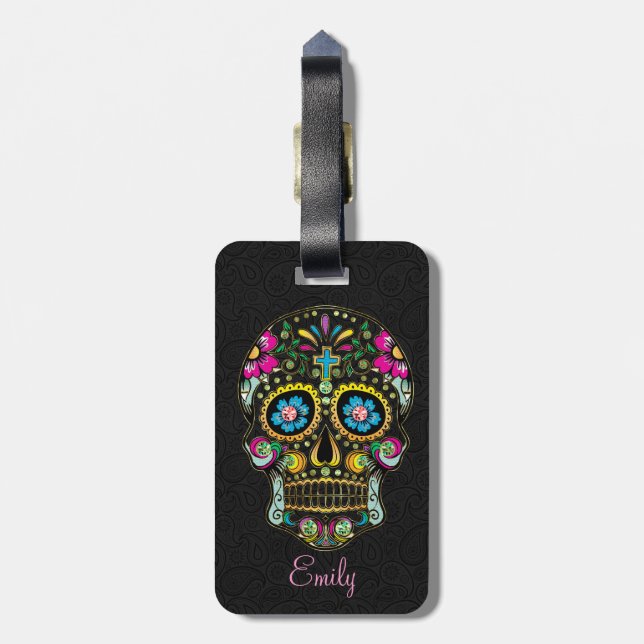 Colourful Retro Floral Sugar Skull Luggage Tag (Back Vertical)