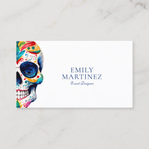 Colourful Retro Floral Sugar Skull On White Business Card