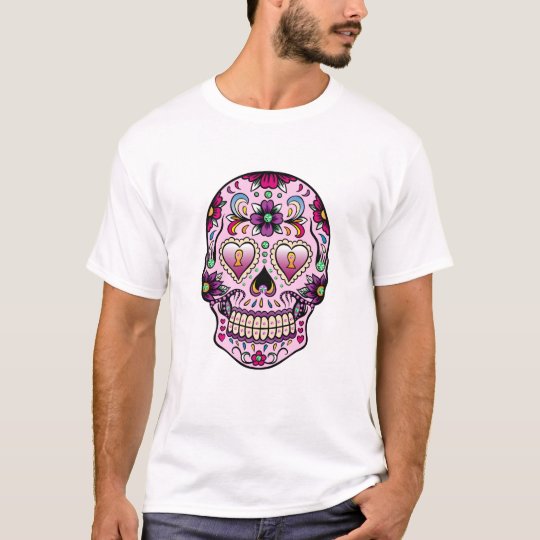 Colourful Retro Floral Sugar Skull Pink Tint T-Shirt