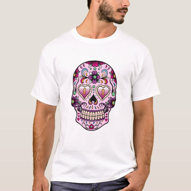 Colourful Retro Floral Sugar Skull Pink Tint T-Shirt (Front)