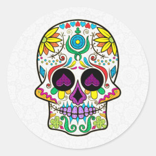 Colourful Retro Floral Sugar Skull Purple Hearts Classic Round Sticker