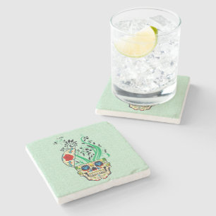 Colourful Retro Floral Sugar Skull Red Roses Stone Coaster