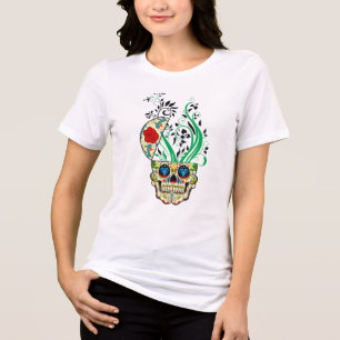 Colourful Retro Floral Sugar Skull Red Roses Tri-Blend Shirt