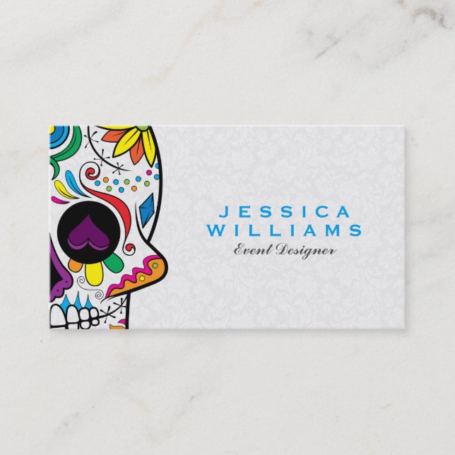Colourful Retro Floral Sugar Skull & White Damasks Business Card (Front)