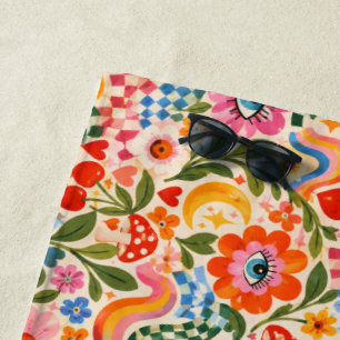 Colourful Retro Floral Watercolour Beach Town Towel