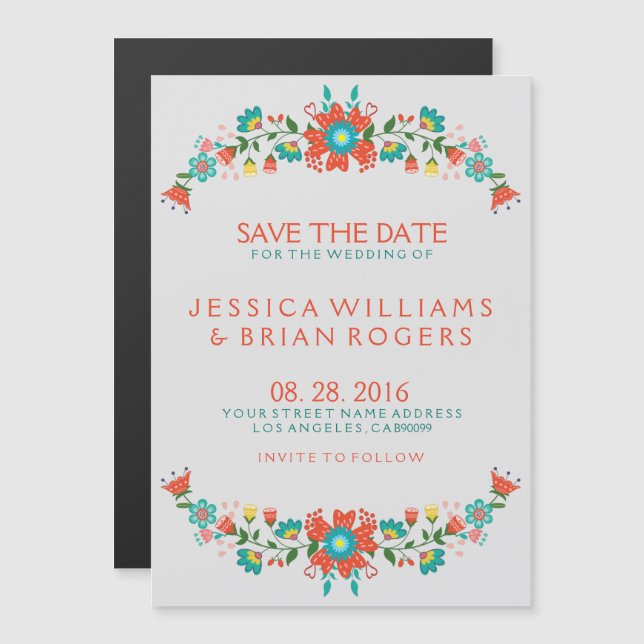 Colourful Retro Floral Wreath Save the Date Magnetic Invitation (Front/Back)