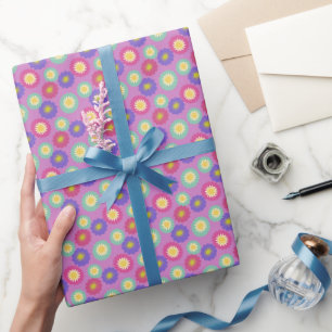 Colourful Retro Florals in Purples Pinks Greens Wrapping Paper