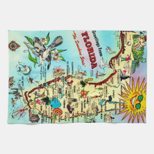 Colourful Retro Florida Map  Tea Towel