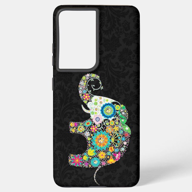 Colourful Retro Flower Elephant Design Samsung Galaxy S21 Ultra Case (Back)