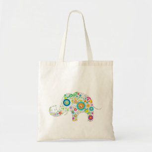 Colourful Retro Flower Elephant Tote Bag