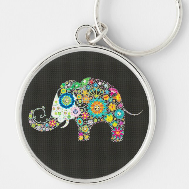 Colourful Retro Flower Elephant With Diamond Studs Key Ring (Front)