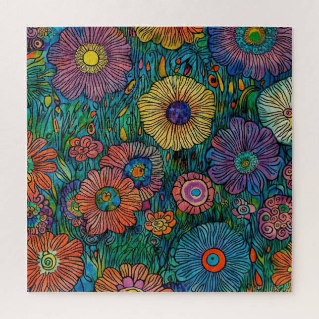 Colourful Retro Flower Garden Jigsaw Puzzle (Vertical)