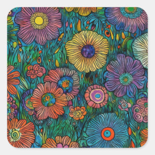 Colourful Retro Flower Garden Square Sticker