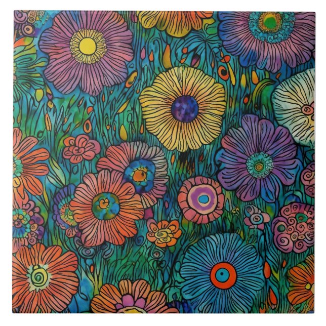 Colourful Retro Flower Garden Tile (Front)