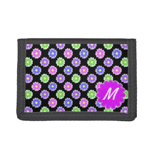 Colourful Retro Flower Pattern Monogram Trifold Wallet