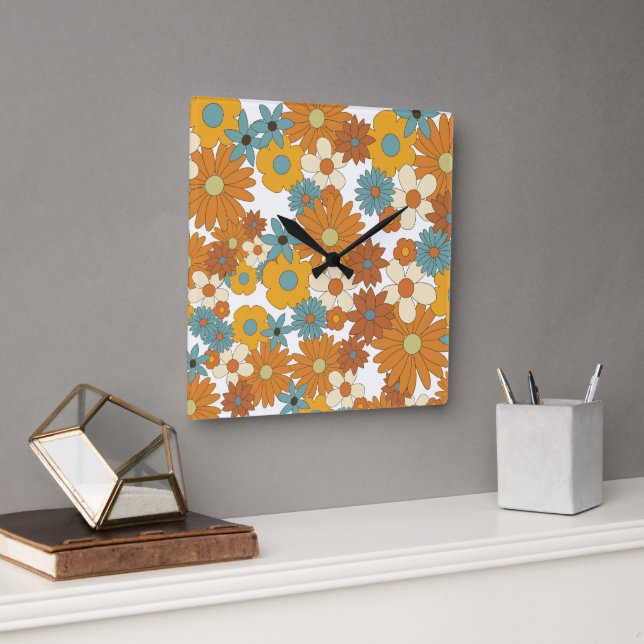Colourful Retro Flower Pattern  Square Wall Clock (Office)