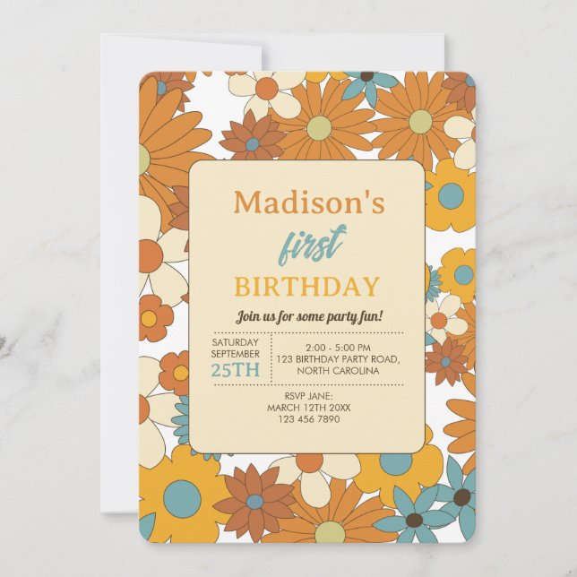 Colourful Retro Flower Pattern Theme Birthday Invitation (Front)