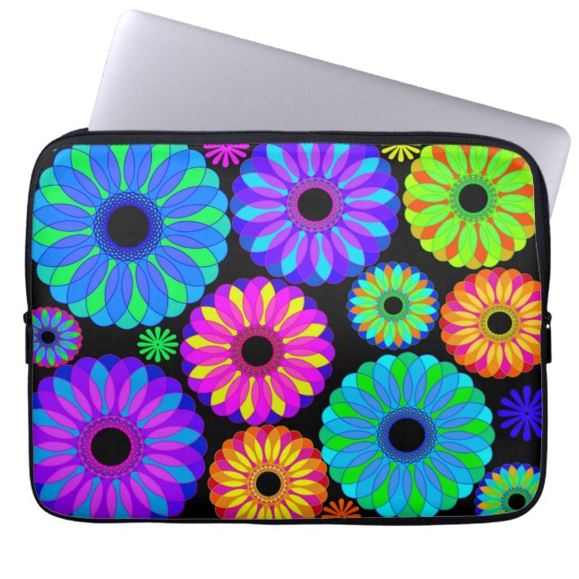 Colourful Retro Flower Patterns on Black Backgroun Laptop Sleeve (Front)