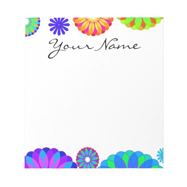 Colourful Retro Flower Patterns on White Backgroun Notepad (Front)