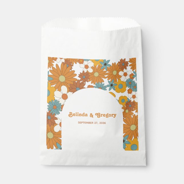 Colourful Retro Flowers 60's 70's Arch Wedding Favour Bags (Front)