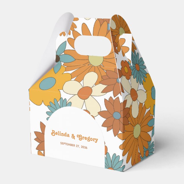 Colourful Retro Flowers 60's 70's Arch Wedding Favour Box (Front Side)