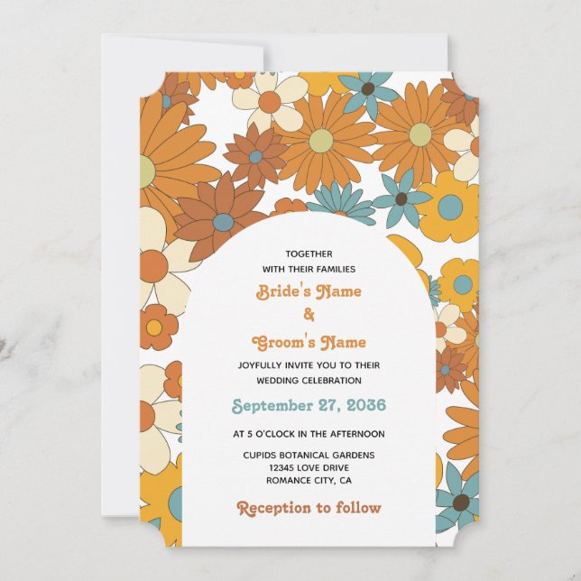 Colourful Retro Flowers 60's 70's Arch Wedding Invitation (Front)
