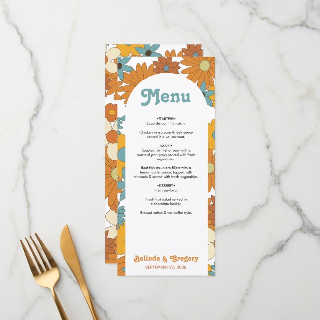 Colourful Retro Flowers 60's 70's Arch Wedding Menu (Front/Back In Situ)