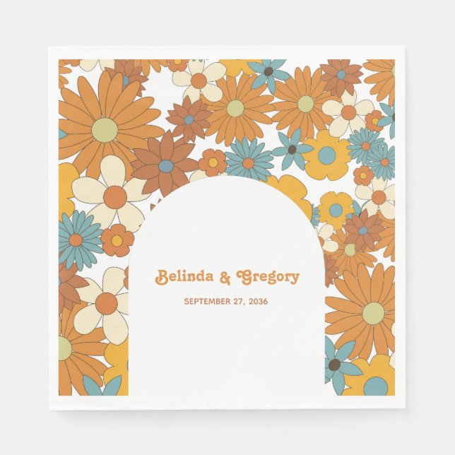 Colourful Retro Flowers 60's 70's Arch Wedding Napkin (Front)