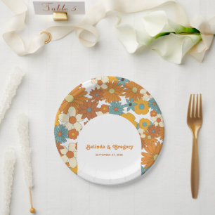 Colourful Retro Flowers 60's 70's Arch Wedding Paper Plate