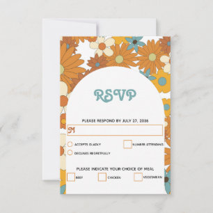 Colourful Retro Flowers 60's 70's Arch Wedding RSVP Card