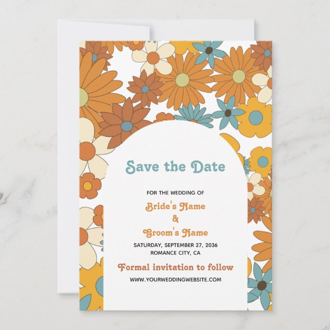 Colourful Retro Flowers 60's 70's Arch Wedding Save The Date (Front)