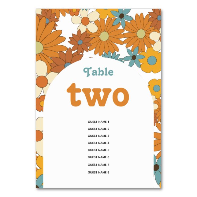 Colourful Retro Flowers 60's 70's Arch Wedding Table Number (Front)
