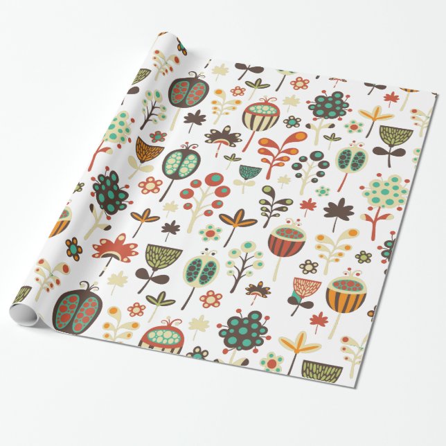 Colourful Retro Flowers And Leafage Pattern Wrapping Paper (Unrolled)