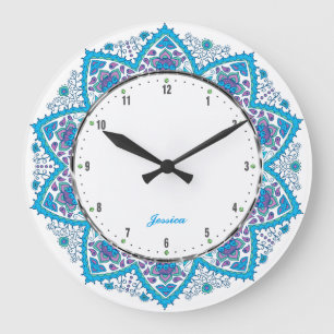 Colourful Retro Flowers Blue Overtones 2 Large Clock