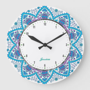 Colourful Retro Flowers Blue Overtones Large Clock