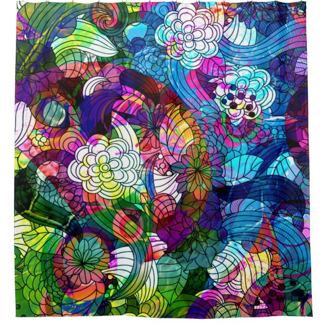 Colourful Retro Flowers Collage Shower Curtain (Front)