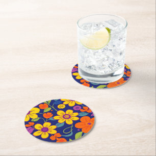 Colourful Retro Flowers-Dopamine Style Round Paper Coaster