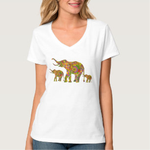 Colourful Retro Flowers Elephant Family T-Shirt