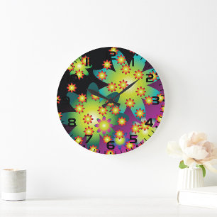 Colourful Retro Flowers Large Clock