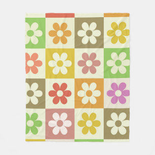 Colourful Retro Flowers on Chequerboard Pattern  Fleece Blanket