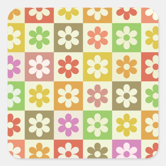 Colourful Retro Flowers on Chequerboard Pattern  Square Sticker (Front)