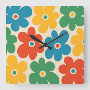 Colourful Retro Flowers Pattern Square Wall Clock