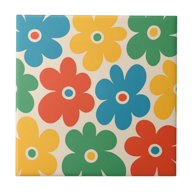 Colourful Retro Flowers Pattern Tile (Front)