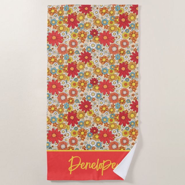 Colourful Retro Flowers - Personalised  Beach Towel (Front)