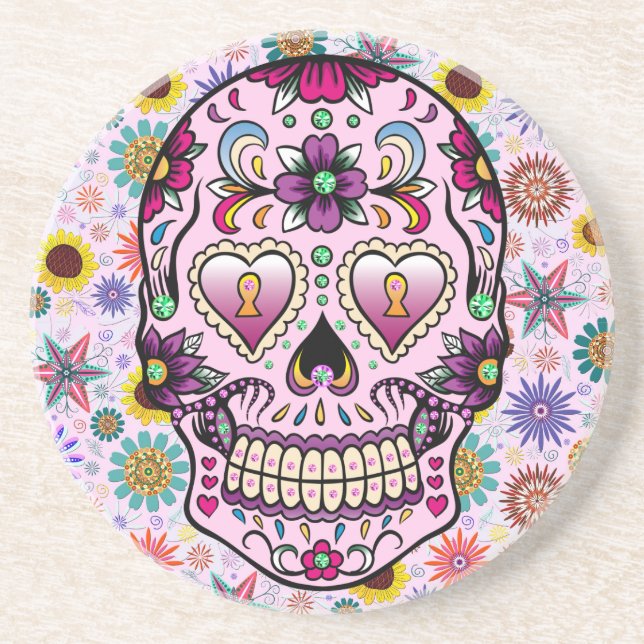 Colourful Retro Flowers Skull Coaster (Front)