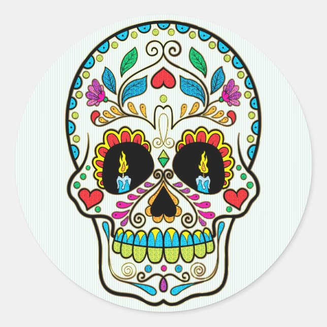 Colourful Retro Flowers Sugar Skull Classic Round Sticker (Front)