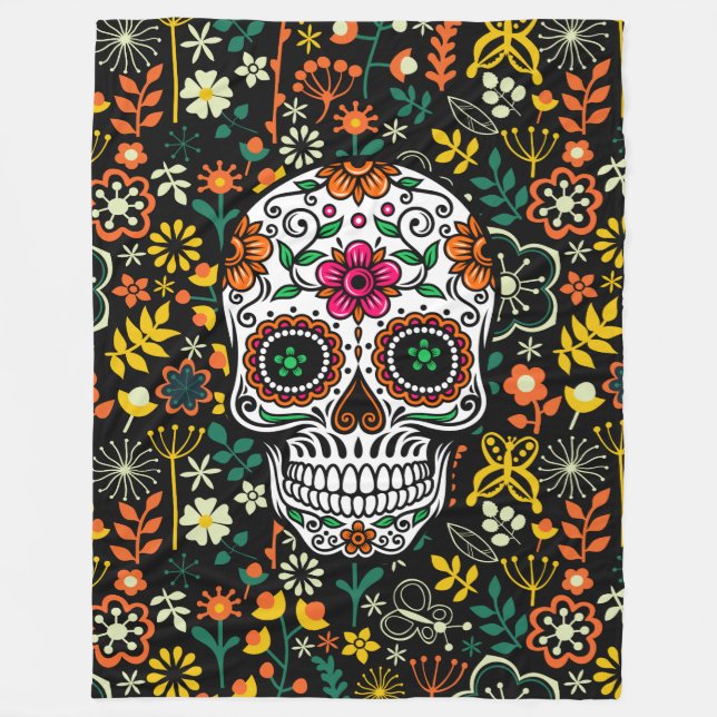 Colourful Retro Flowers Sugar Skull Fleece Blanket (Front)