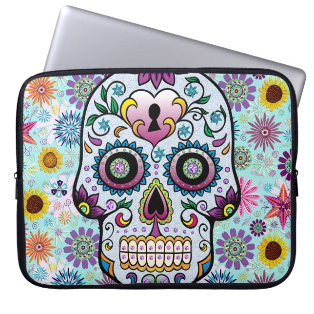 Colourful Retro Flowers Sugar Skull Laptop Sleeve (Front)