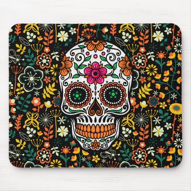 Colourful Retro Flowers Sugar Skull Mouse Mat (Front)