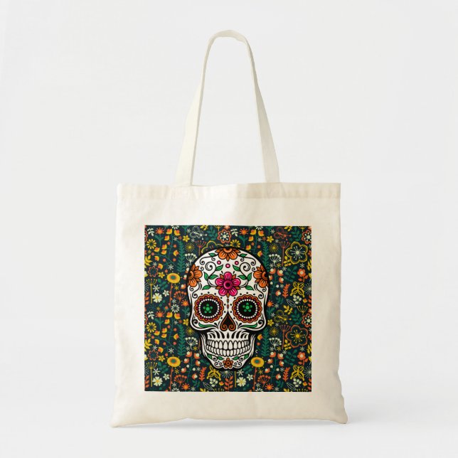 Colourful Retro Flowers & Sugar Skull Tote Bag (Front)